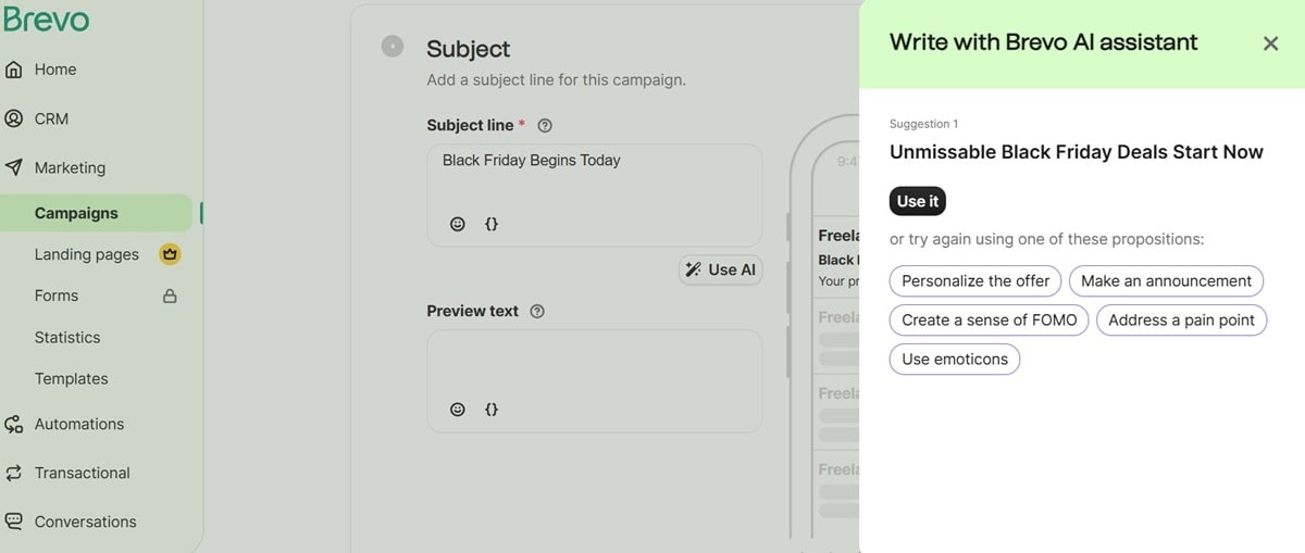 Brevo AI features dashboard showing subject line generator, content optimization, and predictive send time analysis tools